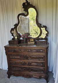 Shipping for this item is not FREE, please read all the shipping specifications as this listing is offered as a FREE LOCAL PICK UP !. Please provide your zip code and city of location for an accurate shipping cost. Beautiful French  Dresser chest of drawers in a solid walnut wood, French Farm House Style,. Dresser with Mirror and Marble top. Made and imported from FRANCE. This piece of furniture, combining the refinement of a hairdresser with the storage capacity of an elegant rockery style ches