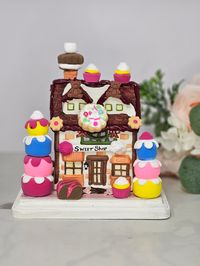 Ceramic Candy shop house with clay embellishments, fake bake candy house, gingerbread house, holiday decor, faux candy