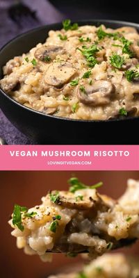 This vegan mushroom risotto is creamy and rich and packed with mushroom flavor. It's really easy to make and makes a perfect savory entrée. #vegan #plantbased | lovingitvegan.com