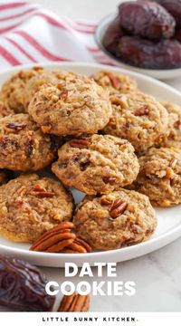 Date cookies with pecans are easy to make for holidays, or any time you want a soft, not-too-sweet, cinnamon-spiced treat!