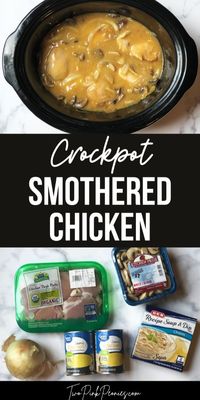 Crockpot Smothered Chicken Thighs is a super easy slow cooker recipe that makes its own gravy. Just toss and go! This recipe is the perfect family friendly weeknight dinner idea. 