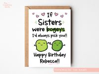 This is the perfect funny and silly birthday card for your sister! This card is sure to make her laugh - and that's what we want on her special day! It's made from recyclable materials and is eco friendly, so it's great for anyone who wants to celebrate in a sustainable way.  This card can be personalised with your sisters name! If you'd like the card personalised, add a name to the personalisation box, if you leave it blank, you'll receive the card in the second photo with no personalisation. ?