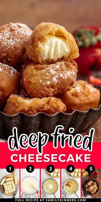 Love cheesecake? Dice it up, batter the cheesecake pieces and deep fry them for a perfect dessert. These cheesecake bites are amazing. Crunchy, soft, cheesecake. What's not to love? Fried cheesecake is perfect for a holiday dessert, party dessert, dessert bar, dessert buffet or anytime. Eat them while they're warm!