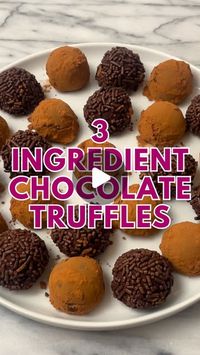 Kathleen ~ Easy, Everyday Recipes on Instagram: "3 INGREDIENT CHOCOLATE TRUFFLES 🍫 Follow @KathleensCravings for more easy holiday recipes and grab the recipe below! ⬇️ 

OR Comment ‘Recipe Please’ below and I’ll DM you the recipe! (Make sure you’re following me so IG lets me DM you!)

These are such an easy treat to add to your holiday cookie platter! I love to mix up the different toppings.

* 8 ounces semisweet or dark chocolate, finely chopped
* 2/3 cup heavy cream
* 1/2 teaspoon vanilla extract
* Optional Toppings: Sprinkles, Crushed Nuts, Unsweetened Cocoa Powder, or Shredded Coconut

1. Add chopped chocolate to a heat-proof bowl and set aside. Heat the heavy cream in the microwave or on the stove, until simmering (not boiling). Pour the warmed cream over the chopped chocolate and l