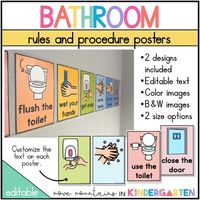 Are you looking for an easy way to set expectations and procedures for the restroom? Look no further than these bathroom posters for classroom procedures and rules! This easy-to-use display will help you establish procedures and expectations easily for your students and in the end, promote independence!What's included?Editable PPT FilePrint and Go bathroom proceduresHalf-sheet poster optionFull sheet poster optionColored clipart optionBlack and White Clipart optionIs this product editable?Yes. You will need Powerpoint to edit this file. The fonts are embedded for Powerpoint 2016 or newer users.Like matchy-matchy? Check out the rest of my Pastel Rainbow Classroom DecorBe the first to see my latest resources and freebies!Click here to follow my storeTerms Of UsePurchase of this resource enti