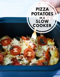 Yes pizza is possible in a slow cooker, well pizza potatoes anyway and you will love them. The BEST way to serve potatoes. So get your crockpot out and serve this up for family dinners. #pizzapotatoes #slowcooker #slowcookerpotatoes #pizza #crockpotpotatoes #potatoes #veganslowcooker #vegetarianslowcooker #slowcookervegetables