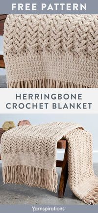 Free Herringbone Crochet Blanket pattern using Bernat Blanket yarn. Slipping stitches never looked so good! Combine double crochet, single crochet, slip stitches and chains to create a classic, textured throw and finish it off with a fabulous fringe. #Yarnspirations #FreeCrochetPattern #CrochetAfghan #CrochetThrow #CrochetBlanket #BernatBlanket #BernatYarn