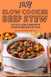 Slow cook this Keto Beef Stew recipe in a crockpot until the meat is fall off the fork-tender! This is an easy, one-pot, comfort food meal for fall and winter meal prep. Plus, it's freezer-friendly and great for anyone eating healthy on a budget!