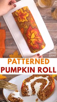 Patterned Pumpkin Roll - a moist pumpkin cake with a cream cheese filling is decorated with a gorgeous autumn leaf design. Perfect for Thanksgiving or any fall occasion! #sugarhero #pumpkinroll #pumpkincake #thanksgivingdessert #: holiday event planning, roll cake, pumpkin cake, cream cheese, fall recipes