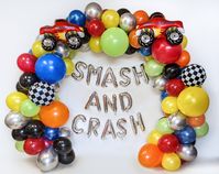 Your little one loves monster trucks and we have the perfect way to celebrate  -This balloon garland kit contains all the balloons you need to make the latex balloon garland pictured - The checkered balloons, phrase, and red cars are Add-On items.  - The SMASH AND CRASH phrase is optional  INCLUDED IN EVERY KIT: Latex balloons (in colors as shown) Step by step instructions for how to assemble the garland garland wire balloon pump Average assembly time is around 20-30 minutes for the 5 ft garland