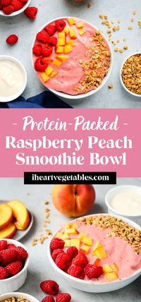 This creamy smoothie bowl is made with tart raspberries and sweet peaches for a delicious breakfast! Add your favorite toppings to this super thick smoothie. #raspberry #protein #easy #vegan #breakfast