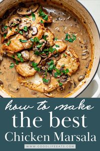 Chicken Marsala is one of my favorite special occasion chicken recipes. Thin chicken cutlets are dredged in seasoned flour, cooked until golden, and served topped with a delicious creamy mushroom marsala sauce. This recipe for Marsala Chicken is sure to be a hit! This recipe has two parts to it: the marsala mushroom sauce and the golden brown tender chicken breasts. Make this easy Chicken Marsala Recipe! | @goodlifeeats