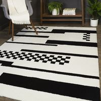 This area rug brings distinctive modern style to your living room, bedroom, or home office. It features a pattern of checkered and solid stripes in shades of black and white. This rug is power loomed and made of polyester with a polypropylene backing in a medium pile. It’s floor heating safe and stain-resistant, so it stands up to everyday use. We recommend a rug pad underneath for additional cushioning and stability. This rug completes the look in any modern, minimalist, or bohemian setting. Ru