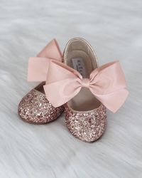 ROSE GOLD Rock Glitter Maryjane Flats With ROSE GOLD Satin Bow