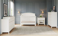 The Westgate Nursery Collection, part of Child Craft Legacy, features gorgeous arched crown molding, shaped side rails, and delicate beadwork on its 4-in-1 Convertible Crib. The Westgate Collection comes in two chic finishes - Chelsea Gray and Vintage Linen - and also includes a Double Dresser, 5-Drawer Chest, and Nightstand for a stylish, upscale nursery design.