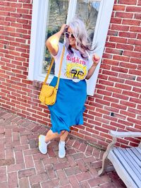 This is a 🛍️Shoppable🛍️ Pin!    Dress, skirt, slip dress, slip skirt, silk dress, silk skirt, teal, teal skirt, graphic tee, band tee, yellow, crossbody bag, shoulder bag, vans, high tops, hi tops, sneakers midsize, curvy, outfit, idea, inspo, inspiration, outfit of the day, ootd, midsize ootd, curvy ootd, midsize outfit, curvy outfit, size 12, size 14, size 16, size18