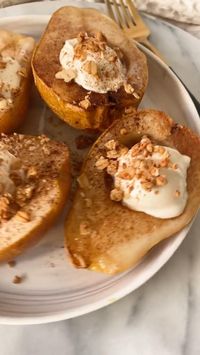 my fav cozy healthy breakfast or dessert. air fried pears that are juicy, sweet and oh so satisfying 😋  slice pears in half, core out the center and place in the air fryer with or without parchment paper (I use it for easier clean up). drizzle with maple syrup and spread evenly. then sprinkle with cinnamon and a dash of sea salt. air fry at 350F for 15 minutes.  top them off with yogurt or vanilla ice cream, some granola for some crunch and enjoy!!