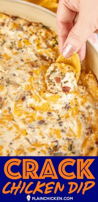 Warm Crack Chicken Dip - cheesy baked dip loaded with chicken, cheddar, bacon and ranch dip - this stuff is SO addicting! This is always the first thing to go at a party! I could make a meal out of it! Sour cream, cream cheese, cheddar cheese, bacon, chicken, ranch dressing. Serve with Fritos and tortilla chips or celery to keep the dip low-carb and #keto friendly! Can make ahead and refrigerate before baking. #dip #appetizer #lowcarb #chicken #partyfood #tailgating