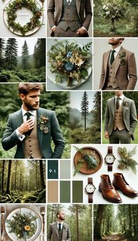 Inspiration board for the groom and his groomsmen in a beautiful wooded wedding setting. It features soft greens, earthy tones, and natural textures, with an elegant and grounded feel harmoniously integrated with nature.