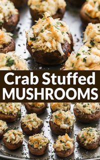 Easy and healthy Crab Stuffed Mushrooms are the crowd-pleasing holiday appetizer you need! The cheesy filling has tasty Italian breadcrumbs and juicy lump crab meat! #wellplatedrecipes #stuffedmushrooms #partyappetizers #holidayappetizers