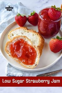 Although this Low Sugar Strawberry Fruit Spread contains much less sugar than traditional #strawberry #jam, it tastes wonderful! Also made with #apple and #lemon juice, this sweet treat #breakfast and #brunch #recipe is delicious as a #topping on English muffins, #toast or any #pastry. Keep refrigerated for up to a week or store in freezer. For more jam, jelly  preserves visit www.imperialsugar.com. #imperialsugar #jelly #lowsugar