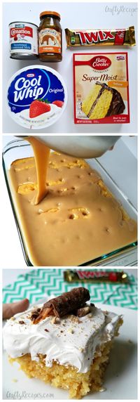 Caramel twix poke cake dessert - so moist and sweet! Perfect for summer or a treat to bring to a party. You could also use butterfingers, or snickers.