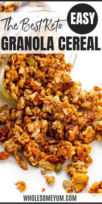 You'll love this fast, easy low carb keto granola recipe with nuts & seeds! It's crunchy, grain free, sugar free, and just 2g net carbs. #wholesomeyum