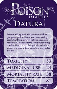 In some November, some year, she took in Datura. And now November holds her while awake, in all the rest, she appears. #Datura didn't mean to cast the hex; if managed by a practiced witch, Datura's toxicity can be muted or prevented while its benefits can be felt. To find her, try the Gryffindor linen closet at Hogwarts.