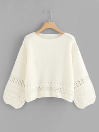 Eyelet Insert Balloon Sleeve Sweater | SHEIN