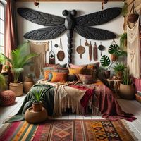 Bohemian Rhapsody 🌿🖤: Dive into a boho paradise with this unique bedroom, where a basalt dragonfly headboard adds a striking contrast. Surrounded by vibrant textiles, eclectic decor, and a jungle of indoor plants, it's a perfect blend of natural majesty and bohemian flair.