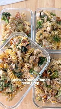 Chicken Bacon Ranch Pasta Meal Prep - 8oz pasta of choice - 2 chicken breasts cut in half length wise to make four cutlets - 8 slices of bacon - 1 head broccoli - 3/4 cup shredded cheddar cheese Sauce: - 3/4 cup plain Greek yogurt - 1 packet ranch seasoning - 3 tbsp mayonnaise 1. Cook bacon slices stove top, once cooked crumble and set aside 2. Bring pot of water to a boil and boil noodles for 8 minutes or according to package 3. Cut up chicken into cutlets and season with salt, pepper, a...