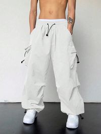 Pantalones De Carga Extragrandes De Cintura Con Cordón Lateral Con Bolsillo De Solapa Para Hombres Blanco Calle    Liso Pantalones cargo   Men Clothing, size features are:Bust: ,Length: ,Sleeve Length: