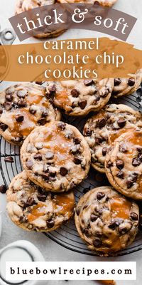 These Salted Caramel Chocolate Chip Cookies are your new favorite cookies! They're loaded with tons of chocolate chips and stuffed with gooey pieces of caramel. These cookies are super thick and soft with crisp edges, and come together in no time in just one bowl! #caramel #saltedcaramel #chocolatechipcookies #cookierecipes #caramelcookies #homemadecookies #christmascookies #halloweendessert #easydesserts #bluebowlrecipes | bluebowlrecipes.com