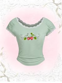 Mint Green Casual Collar Short Sleeve Knitted Fabric Fruit&Vegetable  Embellished Slight Stretch  Women Clothing