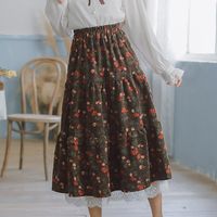 Cottagecore Vintage-style tiered Corduroy Midi Skirt with lace ruffle and elasticated waist ONE SIZE Waist 60-84cm Length 78cm