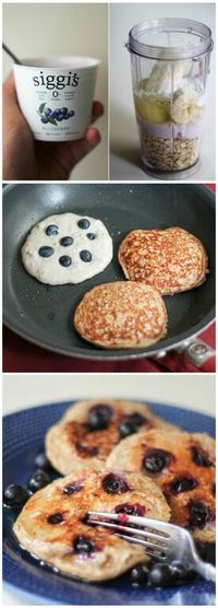 Healthy Pancakes made in the blender with oatmeal, yogurt, banana and an egg! Easy to make, filling and high in protein!