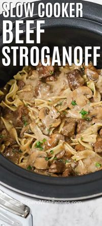 This crock pot beef stroganoff recipe is the perfect combination of tender beef and delicious egg noodles. With the ability to set it and forget, it is the perfect weeknight meal!  #spendwithpennies #beefstroganoff #slowcooker #crockpot #maindish