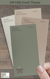 Sherwin Williams Dried Thyme is a hue that invites relaxation into any space. I'm delighted to share my insights on the colors that best complement it such as here with SW Threshold Taupe, Balanced Beige, and Ethereal White. My full review details the more incredible palettes. Click to find your perfect match!