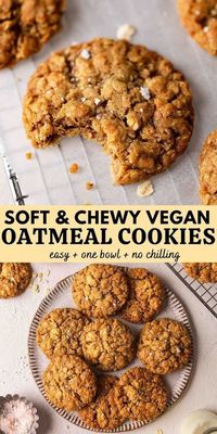 Easy vegan oatmeal cookies which are soft and chewy and come together in one bowl. These cookies use common pantry ingredients, are easily customized and don't need to be chilled before baking.