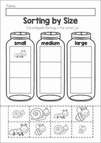 Spring Preschool No Prep Worksheets & Activities. A page from the unit: sorting bugs by size cut and paste