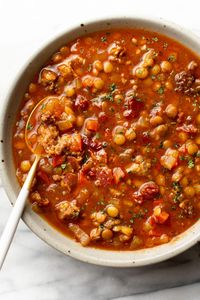 This slow cooker sausage and lentil soup recipe is so comforting, filling, and flavorful! It's made with everyday ingredients.