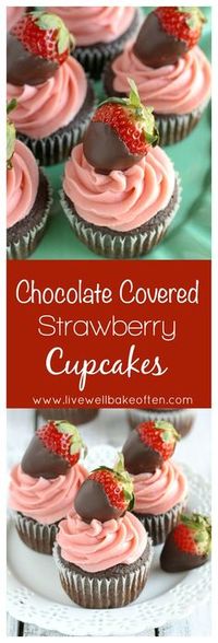 Moist chocolate cupcakes topped with a strawberry buttercream frosting and chocolate covered strawberries! These Chocolate Covered Strawberry Cupcakes are the ultimate Valentine's Day dessert.