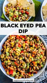 Black Eyed Pea Dip is a chunky vegan bean salad featuring avocado, green olives, corn, red bell pepper, and a tangy dressing.