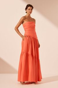 Strapless tiered maxi dress in coral in an organic cotton poplin.