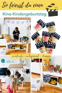 Ideen für Deko, Snacks und Druckvorlagen für einen Kindergeburtstag mit Kino-Motto! Feiere eine Movie Night im Wohnzimmer. Lade deine Freunde mit Popcorn-Einladungen ein und verkaufen süße Kino Snacks an deinem selbst gebauten Kino-Kiosk. #printfetti