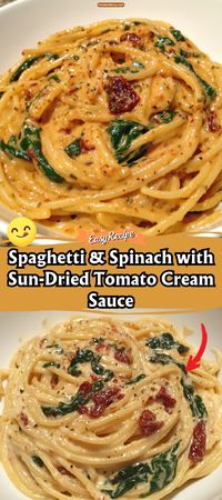 Delight in the rich flavors of Spaghetti & Spinach with Sun-Dried Tomato Cream Sauce. This pasta dish is a vibrant combination of tender spinach, tangy sun-dried tomatoes, and a creamy garlic sauce that clings to every strand of spaghetti. It’s a comforting meal that’s both satisfying and sophisticated. #CreamyPasta #SunDriedTomato #VegetarianDishes