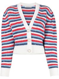 Red/white/blue mohair-wool blend striped rhinestone-embellished cropped cardigan from ALESSANDRA RICH featuring knitted construction, horizontal stripe pattern, rhinestone embellishment, V-neck, faux-pearl buttons, long sleeves, ribbed hem and ribbed cuffs.