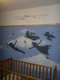 Archie's nearly finished Peter Pan painted Nursery room with wall quote! My favorite room in the house! - lets hope he never grows up too!