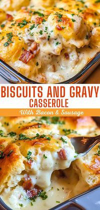 Indulge in this Biscuits and Gravy Casserole with Bacon & Sausage! This hearty breakfast dish combines tender biscuits, rich sausage gravy, and crispy bacon for a delicious start to your day. Perfect for brunch or family gatherings! Save this pin and try this easy recipe today!