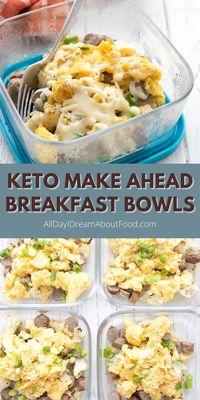 Make ahead keto breakfast bowls with sausage, eggs, and cheese on a bed of roasted cauliflower. Make your busy mornings easier with a hearty breakfast that’s ready to go when you are!